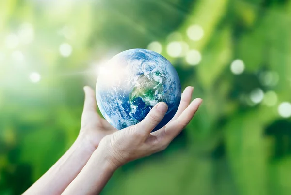 Hands holding and protecting earth on nature background — Stock Photo, Image