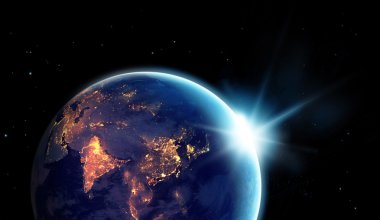 Şehir ışıkları gece ile seyyare yerküre ile güneş doğuyor, Nasa tarafından döşenmiş bu görüntü unsurları