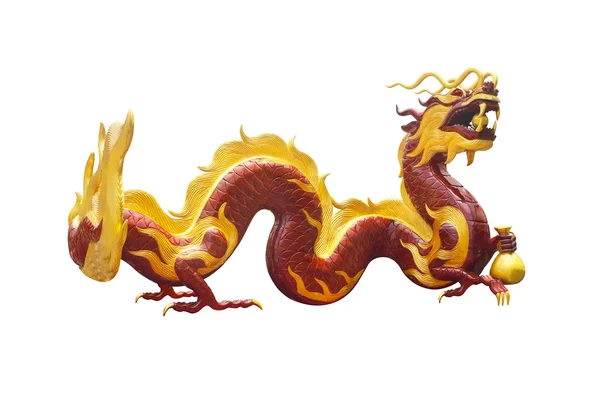 Chinês de madeira esculpir dragão, vermelho e dourado cores isoladas no fundo branco — Fotografia de Stock