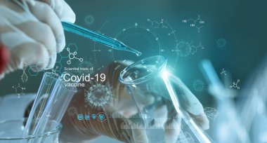 Laboratuvarda covid-19 Coronavirus aşısı geliştirmek için yapılan deneysel araştırmaları analiz eden bir bilim adamı. Küresel sağlık ve tıbbi yenilikçi teknoloji kavramı.