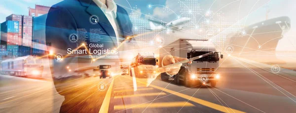 Logística Inteligente Transporte Empresario Utilizar Tableta Análisis Distribución Logística Global —  Fotos de Stock