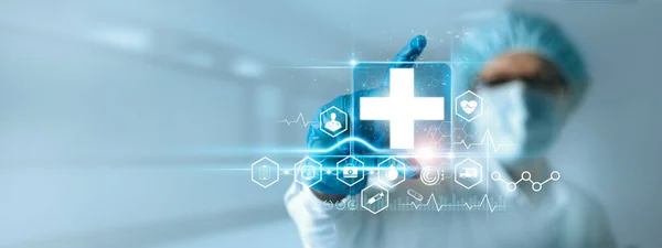 Medicine Doctor Holding Medical Cross Icon Icon Healthcare Network Connection — Stock Photo, Image