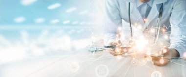 Tıp doktoru sanal tıbbi ağ bağlantı ikonlarında akıllı telefon kullanıyor. Virüs salgını insanları bilinçlendirir ve sağlık hizmetlerine dikkat çeker. Hastane ve sağlık sigortası sektöründe büyüyen artış.