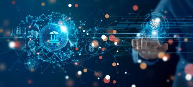 Biyometrik güvenlik, iş adamı kişisel finansal bilgilere ulaşmak için parmak izi tanımlaması kullanıyor. E-kyc için fikir (müşterinizi elektronik olarak tanıma), dijital siber suçlara karşı icat teknolojisi.