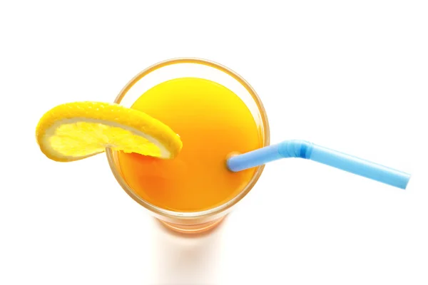Vidro de suco de laranja vista superior no fundo branco — Fotografia de Stock