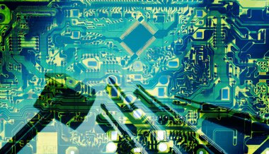 onarım için backgroud çift pozlama elektronik devre bord ve araçları