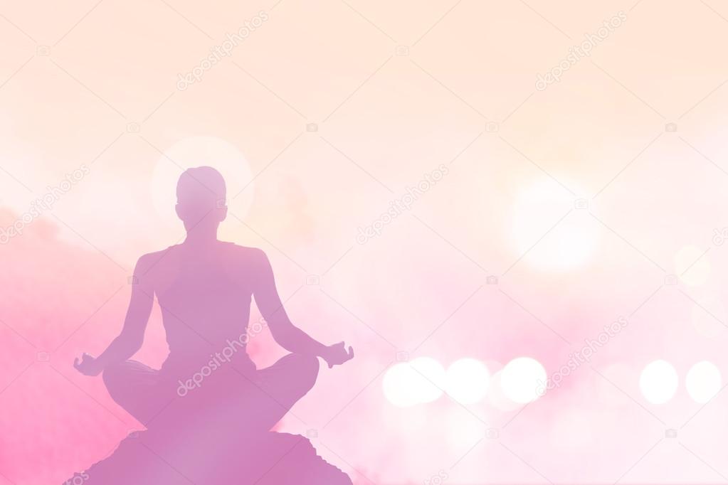 abstract woman is meditating in pastel background of mountain