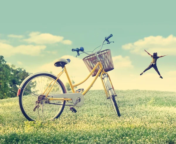 Bicicleta en el campo de flores blancas y hierba en la naturaleza sol b — Foto de Stock