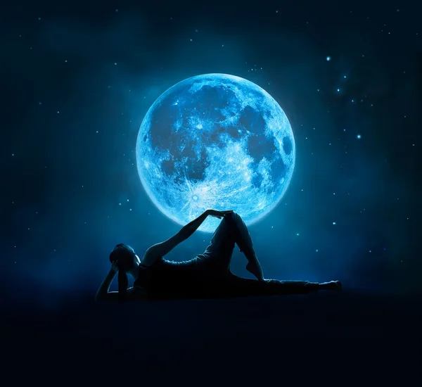 Abstract woman are yoga at blue full moon with star in dark night — Stock Photo, Image