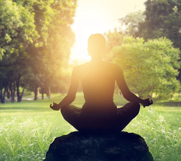 Meditación en el bosque sobre el fondo del atardecer — Foto de Stock