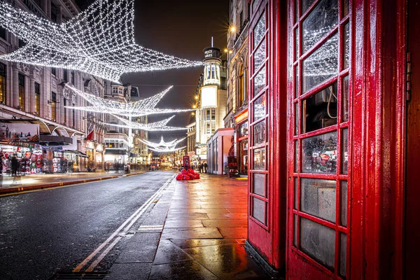 Cabine Telefónica Perto Leicester Square Durante Natal Londres — Fotografia de Stock