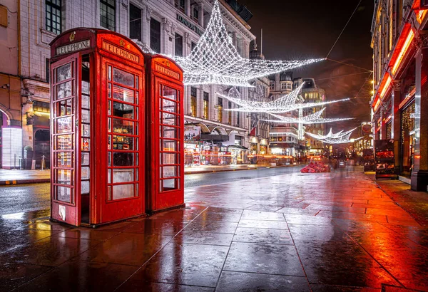 Phone booth near Leicester square during Christmas time in London