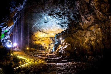 View of the Peak Cavern, also known as the Devil's Arse, in Castleton, Derbyshire, England, UK