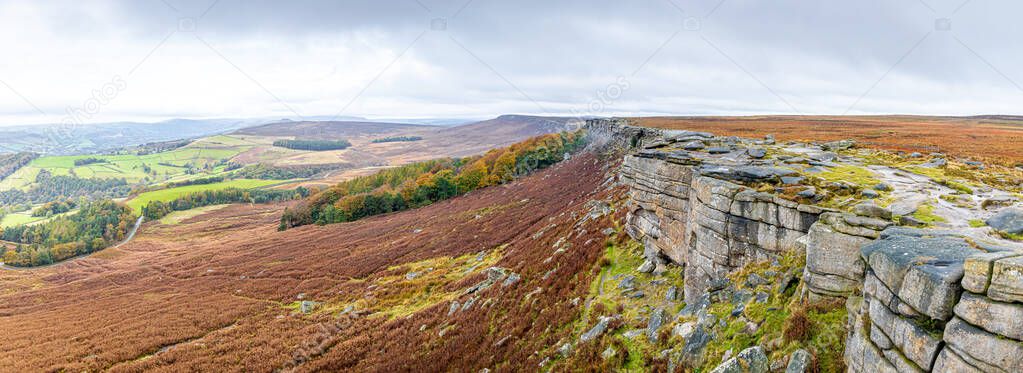 View of Stanage Edge in Peak district, an upland area in England at the southern end of the Pennines, UK