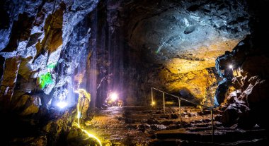 View of the Peak Cavern, also known as the Devil's Arse, in Castleton, Derbyshire, England, UK