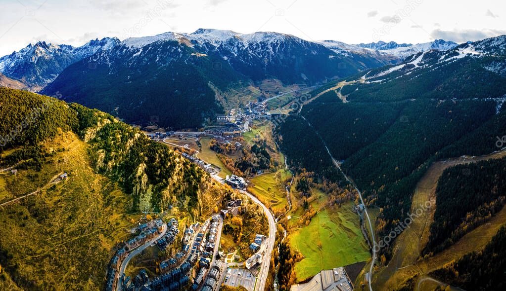 Aerial view of village of El Tarter in Andorra, located in the parish of Canillo