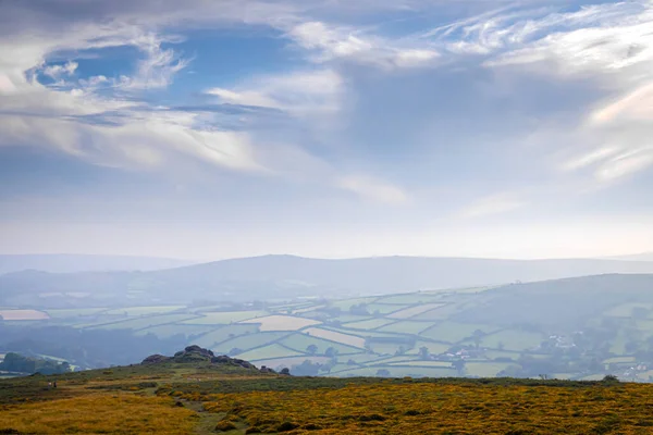 Sunset Kilátás Dartmoor Nemzeti Park Egy Hatalmas Lápvidék Devon Megyében — Stock Fotó