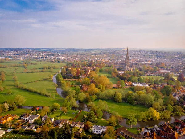 Vista Aérea Catedral Salisbury Manhã Primavera — Fotografia de Stock