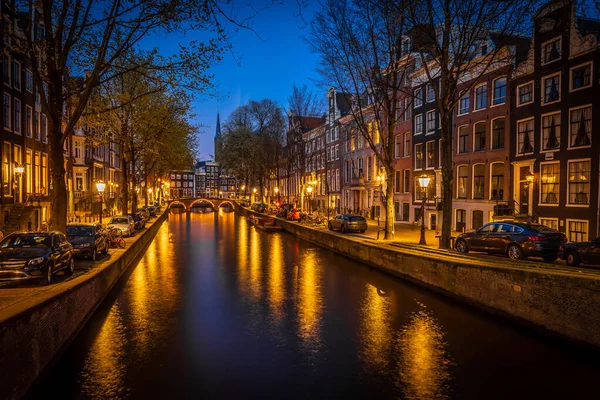 Vista Noturna Dos Canais Amsterdã Países Baixos — Fotografia de Stock