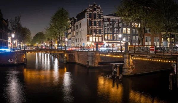 Vue Nuit Pont Leidsegracht Amsterdam Pays Bas — Photo