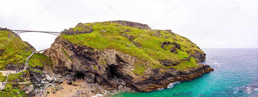 Aerial view of Tintagel castle in Cornwall, UK