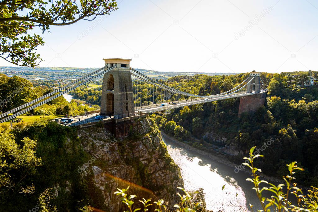 Aerial view of Clifton suspension bridge in Bristol, UK