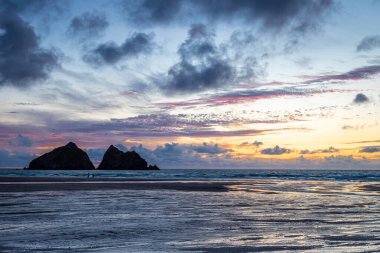 Martı gün batımında Cornwall, İngiltere 'deki Hollywell Körfezi' nde sallanıyor.