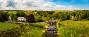 Dartmoor Ulusal Parkı 'ndaki Postbridge Clapper Köprüsü manzarası İngiltere' nin güneybatısında Devon ilinde geniş bir bozkırdır.
