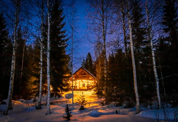 Maison Lac Dans Nuit Hiver — Photo
