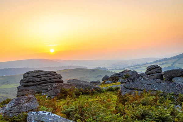 Vista Sul Tramonto Del Dartmoor National Park Una Vasta Brughiera — Foto Stock