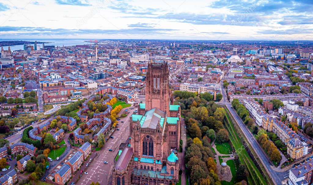 Aerial view of Liverpool Cathedral in the morning, UK