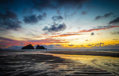 Martı gün batımında Cornwall, İngiltere 'deki Hollywell Körfezi' nde sallanıyor.