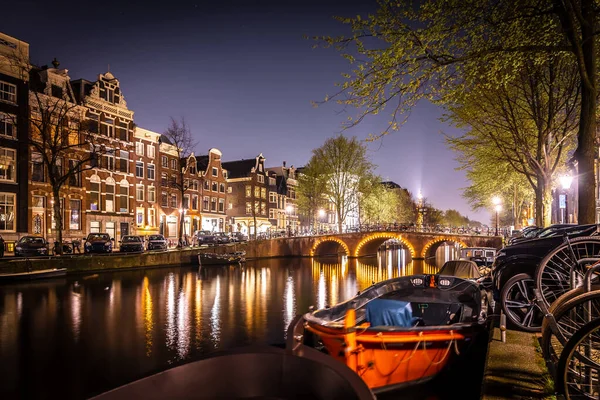 Vista Nocturna Los Canales Ámsterdam Países Bajos — Foto de Stock