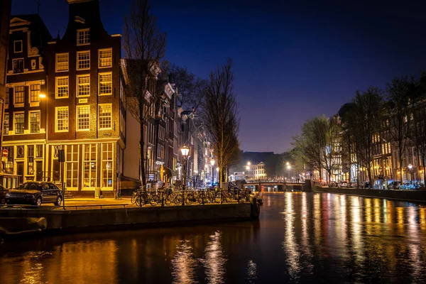 Vista Nocturna Los Canales Ámsterdam Países Bajos — Foto de Stock