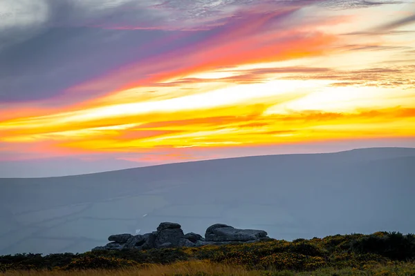 Zonsondergang Uitzicht Dartmoor National Park Een Uitgestrekt Heidegebied Het Graafschap — Stockfoto