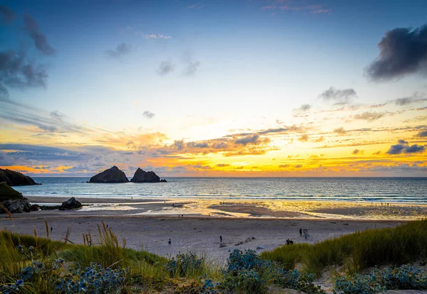 Gull Rock Tramonto Nella Baia Hollywell Cornovaglia Regno Unito — Foto Stock