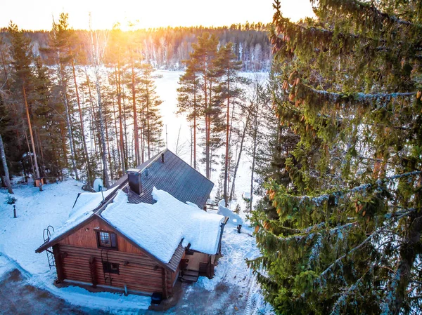 Lucht Uitzicht Het Meer Huis Finalnd Winter — Stockfoto