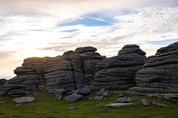 Widok Zachodu Słońca Park Narodowy Dartmoor Rozległy Wrzosowisko Hrabstwie Devon — Zdjęcie stockowe