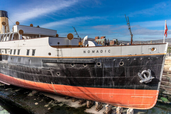 Old steamship in dry dock in Belfast