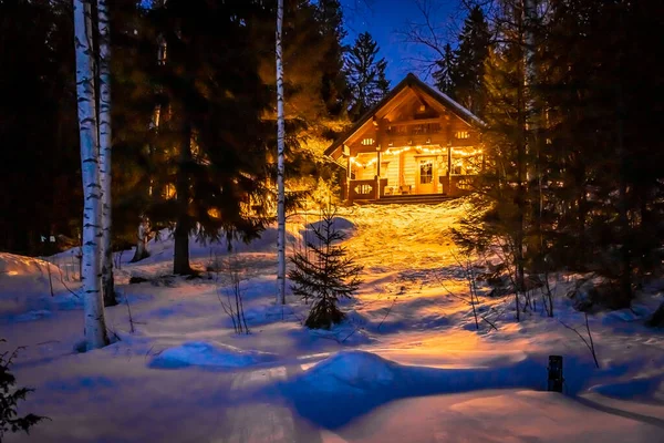 Maison Lac Dans Nuit Hiver — Photo