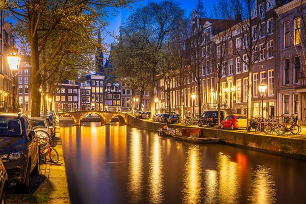 Vista Noturna Dos Canais Amsterdã Países Baixos — Fotografia de Stock