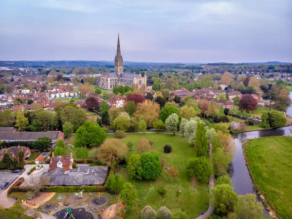 Vista Aérea Catedral Salisbury Primavera — Fotografia de Stock