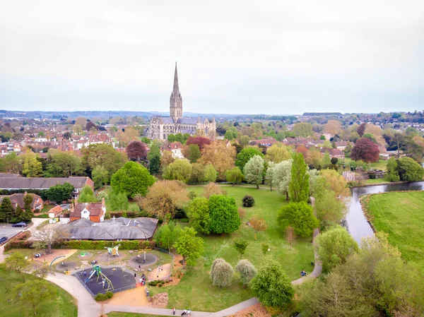 Vista Aérea Catedral Salisbury Primavera — Fotografia de Stock