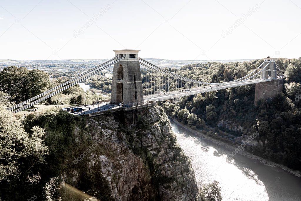 Aerial view of Clifton suspension bridge in Bristol, UK