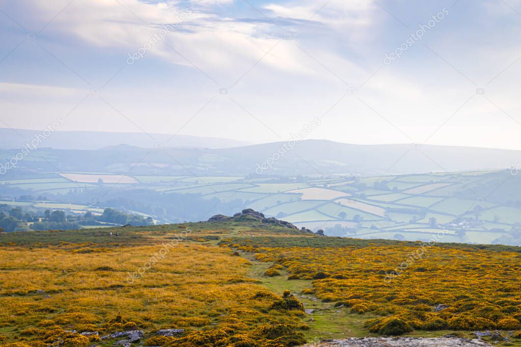 Sunset view of Dartmoor National Park, a vast moorland in the county of Devon, in southwest England, UK