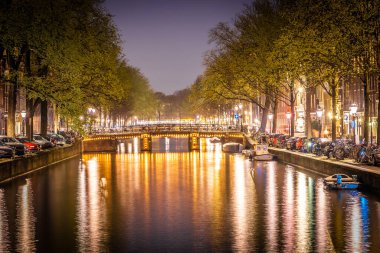 Hollanda 'daki Amsterdam kanallarının gece görüşü