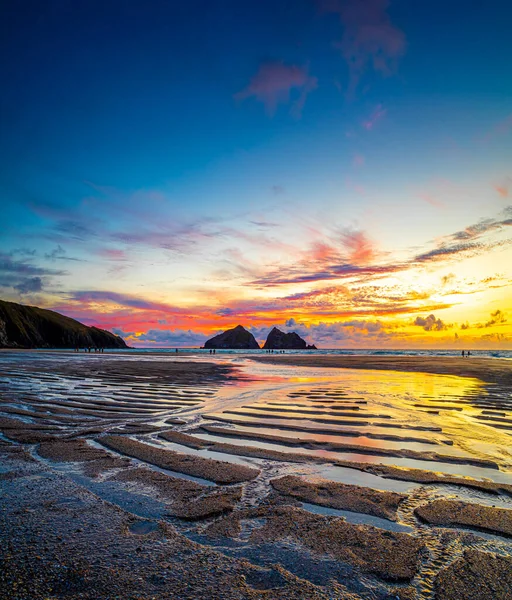 Gull Rock Tramonto Nella Baia Hollywell Cornovaglia Regno Unito — Foto Stock