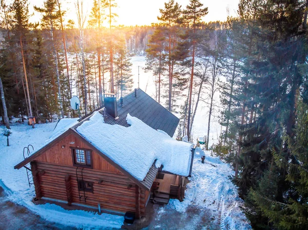 Lucht Uitzicht Het Meer Huis Finalnd Winter — Stockfoto