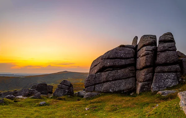 Vista Atardecer Del Parque Nacional Dartmoor Vasto Páramo Condado Devon — Foto de Stock