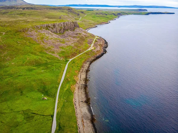 Aerial view of Duntulum sea viewpoint, a township on the most northerly point of the Trotternish peninsula of the Isle of Skye in Scotland, UK